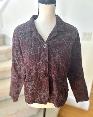 FLAX Brown Corduroy & Blue Floral Embroidery Button Up Jacket thumbnail 1