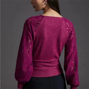 Anthropologie Lace Sleeve Women’s Medium Berry Pink Ribbed Feminine Flirty thumbnail 2