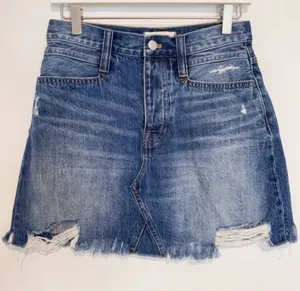 Madewell Skirt Size 26 Blue Button Fly‎ Distressed Raw Hem A Line Mini Y2K Retro thumbnail 1