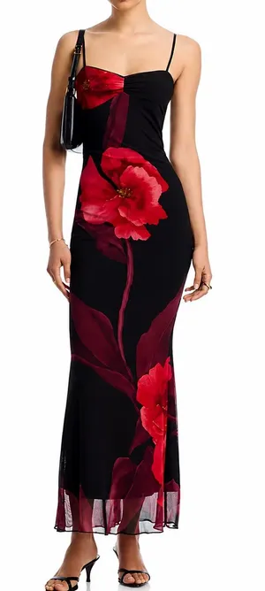 AQUA NWT Floral Mesh Maxi Dress Red Black Bloomingdale’s Exclusive Medium $98 thumbnail 1