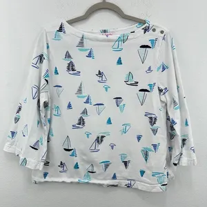 Fresh Produce Sailboat Print Boatneck Top Nautical 3/4‎ Sleeve White Blue thumbnail 2