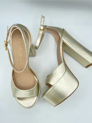 STUART WEITZMAN Skyhigh 145 Gold Metallic Leather Platform Sandals Block Heels thumbnail 3