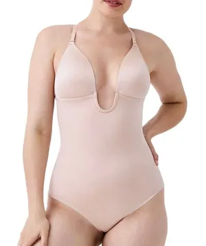 Spanx Suit Your Fancy Plunge Low-Back Thong Bodysuit Champagne Beige Medium thumbnail 1