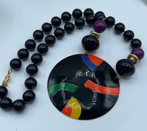 Vintage enamel disk beaded bold abstract necklace. Black thumbnail 1