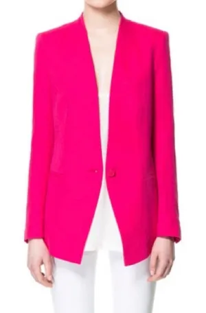 Zara hot pink collarless linen-blend blazer thumbnail 1