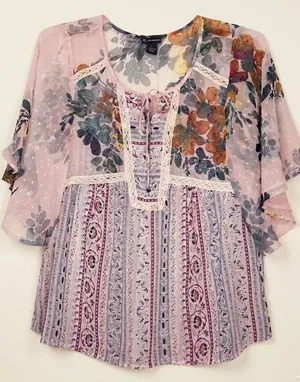 New Direction Boho Floral Sheer Blouse Medium Swiss Dot Lace Peasant Top thumbnail 5