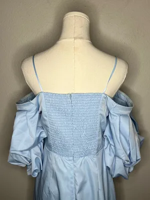 NEW Petal + Pup Fern Puff Sleeve Off Shoulder Mini Dress in Icy Blue thumbnail 6