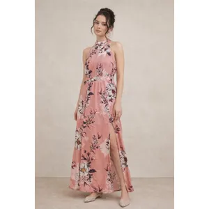 Floral Pink Maxi Dress Small High Neck Front Splits Fairy Cottagecore Whimsical thumbnail 7