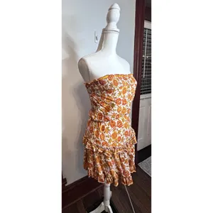 Indikah Floral Strapless Mini Dress Orange Yellow Boho S (tie missing) thumbnail 2