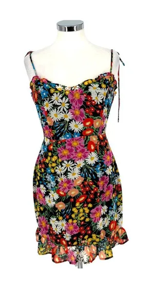 Sugarlips Lupita Floral Tie Strap Ruffle Mini Dress Black Multicolor Size Medium thumbnail 1