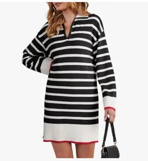 NEW Green Polo V Neck Long Sleeve Dress Striped Mini Sweater Dress S thumbnail 4