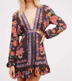Free People Floral V-Neck Ruffle Mini Dress Tunic Navy Blue Pink Orange OB583849 thumbnail 1