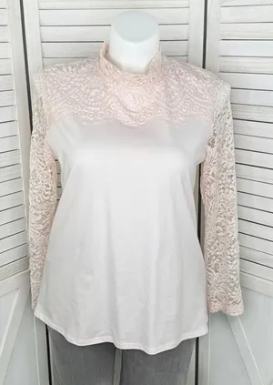 Bedford Fair Lace Sleeve Mock Neck‎ Shirt Pink Large Tee Coquette Victorian Soft thumbnail 1
