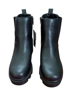 Black Faux Leather Lug‎ Sole Chelsea Boots Chunky Heel Side Zip Women Size 11 thumbnail 1