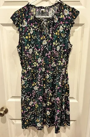 Old Navy Womens Floral Flutter Sleeve Mini Dress Black Yellow Purple Size Large‎ thumbnail 1