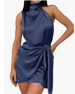 NEW Satin Sleeveless Halter Neck Tie Waist Wrap Bodycon Mini Dress M thumbnail 1