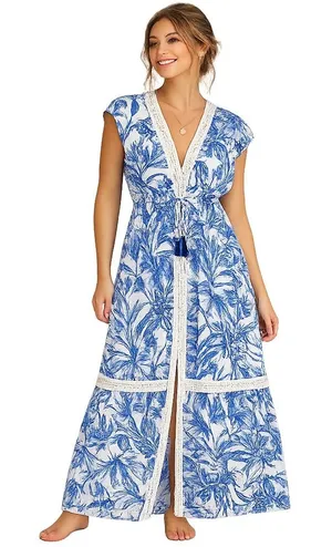 Blue Island Tropical Maxi Cover‎ Up Wmns M Blue White Coastal Crochet Lace Trim thumbnail 1