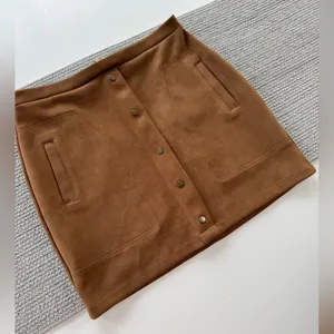 Free Planet Cognac Brown Faux Suede Snap Front Detail Stretch Mini Skirt thumbnail 9