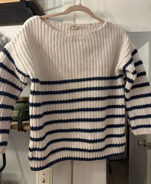 Lands' End Cotton Cream & Navy Striped Crewneck Sweater thumbnail 1