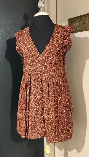 Madewell Cotton Blend Red Floral V-Neck Mini Dress with Pockets thumbnail 1