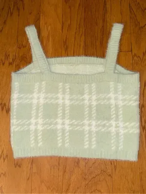 New PacSun Kendall & Kylie Light Mint Green + White Plaid Soft Cropped Top L thumbnail 11