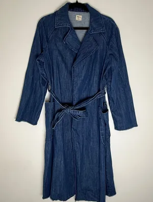 Gap 1969 Womens Medium Wash Denim Trench Coat Belted Frayed Hem Size M Y2K thumbnail 1
