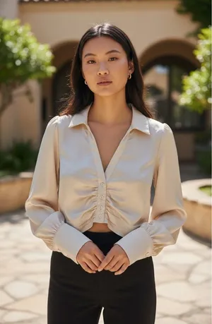Altar’d State Satin Ruched Cropped Blouse Cream Size M Neutral Coquette Romantic thumbnail 1