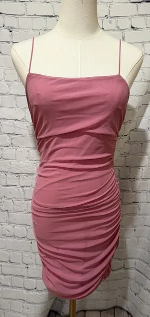 Hello Molly Women's Pink Bodycon Ruched Spaghetti Strap Open Back Dress Large thumbnail 1