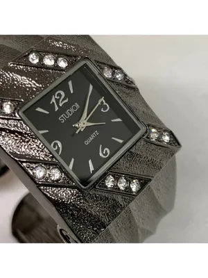 Studio women’s cuff bracelet watch black tone 29mm quartz analog size 7” running thumbnail 2