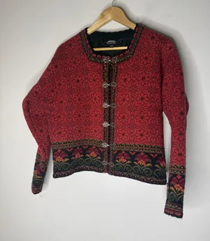 Icelandic Design Red Nordic Wool Cardigan Metal Clasp Sweater Womens Medium thumbnail 1