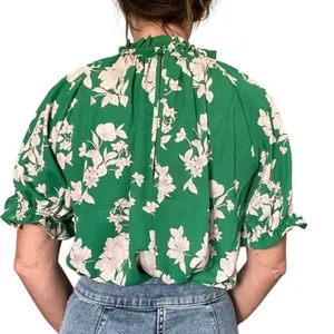 Sienna Sky Floral Blouse Womens Large Green Smocked High‎ Neck Puff Sleeve Top thumbnail 3
