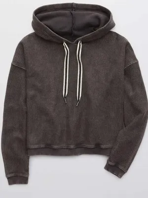Aerie Charcoal Gray Ribbed Cropped Hoodie Size Small Oversized Pullover thumbnail 3