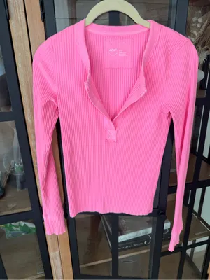 Aerie Bright Pink Ribbed Long Sleeve Henley Top neon tee crop vneck fitted thumbnail 1