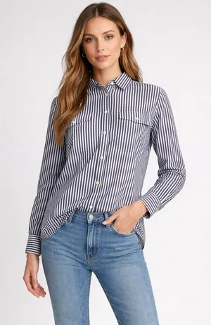 Lauren Ralph Lauren Navy Blue and White Vertical Stripe Button-Down Shirt Size M thumbnail 1