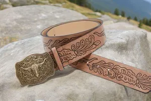 Western Style Bull Head Buckle Unisex Belt Vintage Embossed thumbnail 5