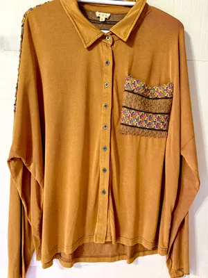 POL Oversizex Lightweight Button-Up Shirt in Camel and Embroidered Size L thumbnail 1