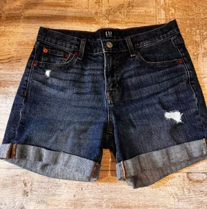 GAP Dark Indigo Rolled-Hem Denim Shorts with Distressed Accents thumbnail 1