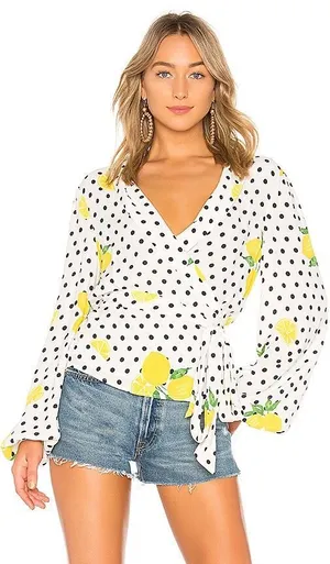 Lovers + Friends Mikayla Lemon Polka Dot Balloon Sleeve Wrap Blouse Size Small thumbnail 1