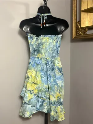 Tra Vida Small Smocked Halter Asymmetrical Dress in Blue Green Leaf Print thumbnail 2
