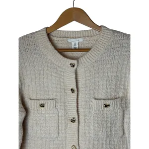 H&M Structured Knit Cardigan Women Medium Ivory Gold Button Maternity Sweater thumbnail 6