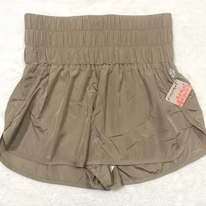 Free People Smocked High Waist Windbreaker Running Shorts Medium Light Mocha thumbnail 4