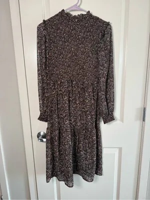 Smocked High-Neck Brown Floral Midi Dress with Long Sleeves thumbnail 2