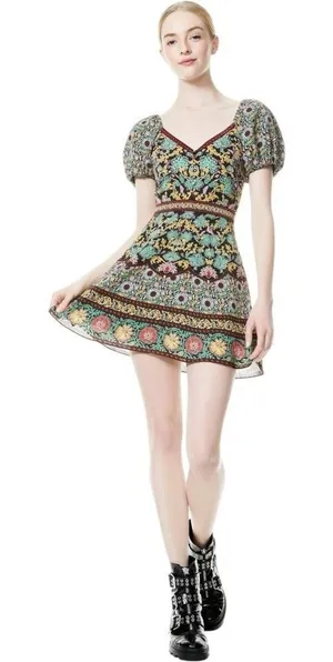 Alice + Olivia Dana Puff Sleeve‎ Fit & Flare Floral Mini Dress Size 4 thumbnail 1