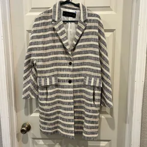 Zara Basic Womens Medium Striped Tweed Blazer Coat Black White Beige Cotton Mix‎ thumbnail 4