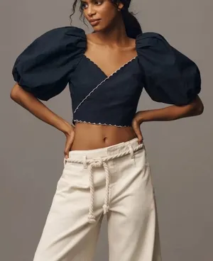 Anthropologie puff sleeve navy top thumbnail 1