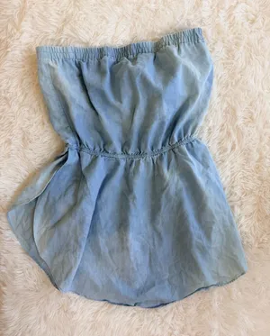 francesca's Strapless Chambray Cotton Ruffle Hem Top thumbnail 1