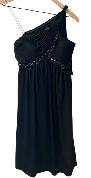 Adrianna‎ Papell Boutique Elegant Satin Black Beaded One-Shoulder Babydoll Dress thumbnail 1