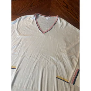 Mersea Oversized V-Neck Sweater White Multi Color Trim Button Cuff OS thumbnail 3