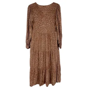 Woman’s Boho Cottagecore Brown Animal Print Long Sleeve Tiered Midi Dress XS thumbnail 3