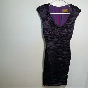 Nicole Miller Women's Sz 2 Cowl Neck Technometal Tuck Dress Black Purple Bodycon thumbnail 2